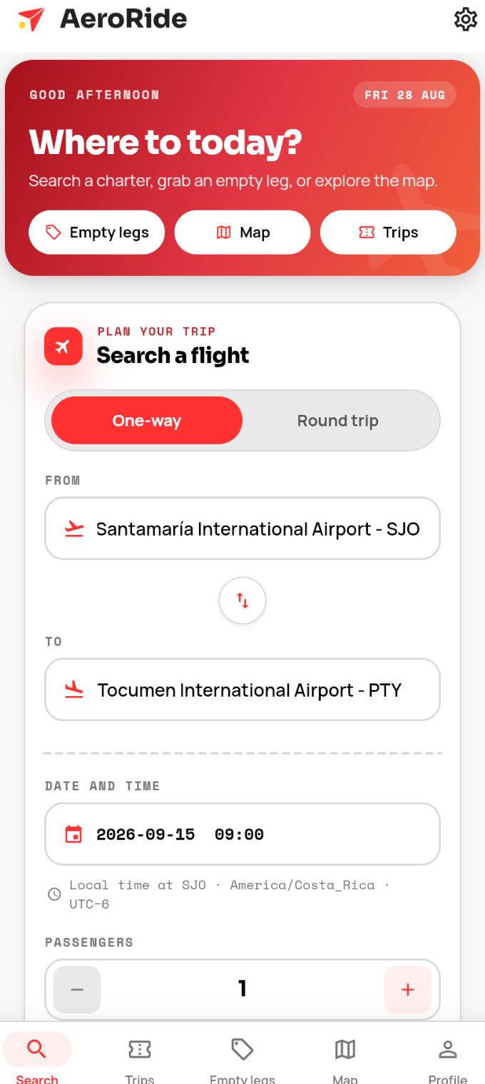 Search available private flights in the AeroRide app