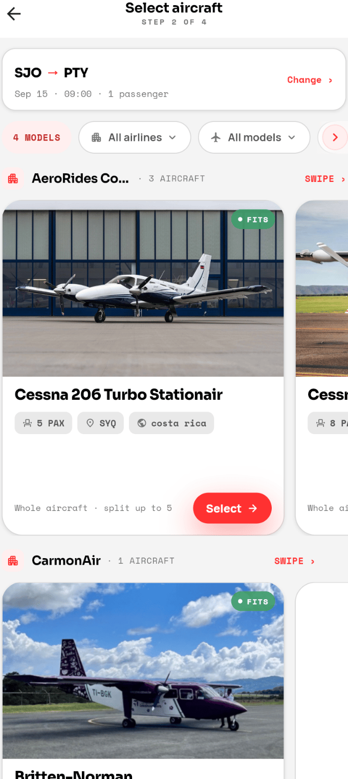 Choose your aircraft in the AeroRide app