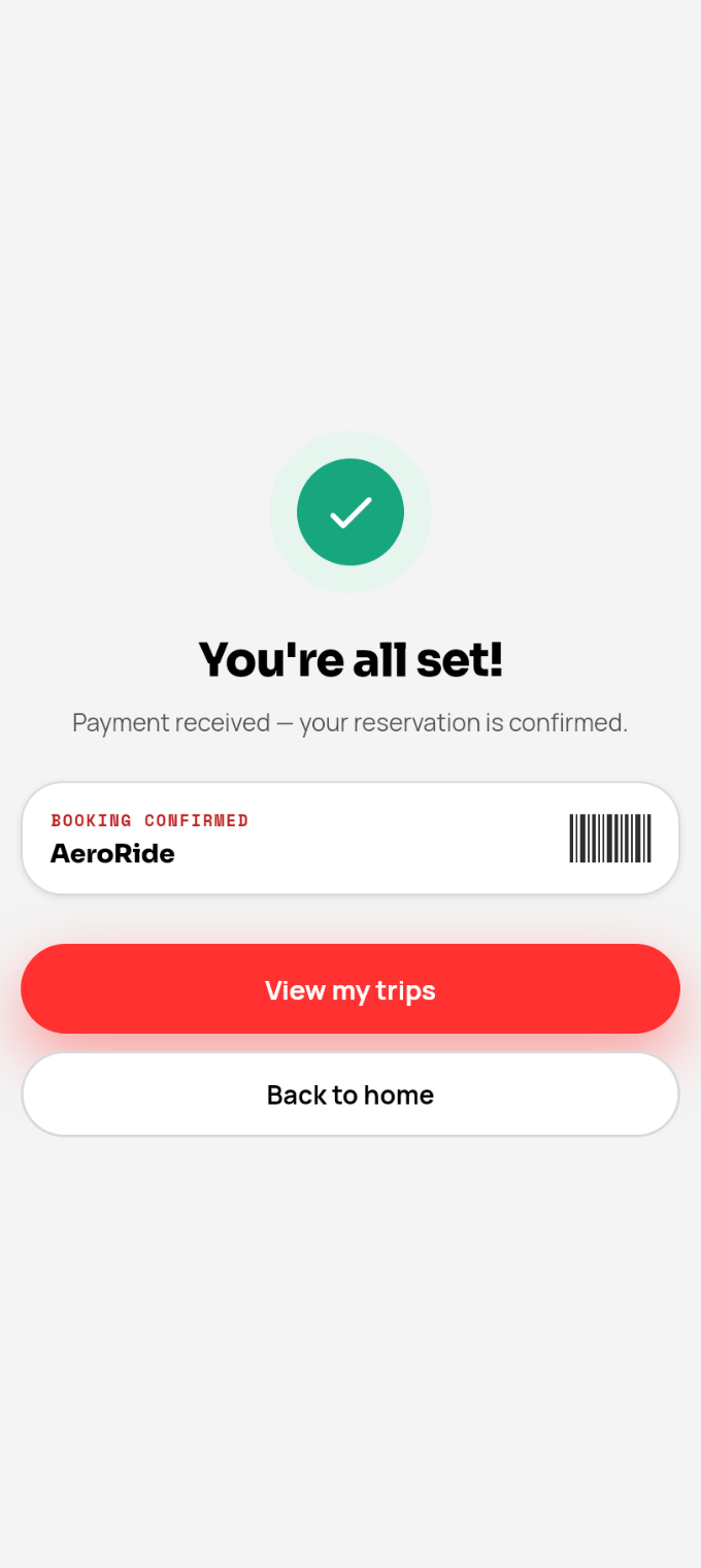Booking confirmed in the AeroRide app